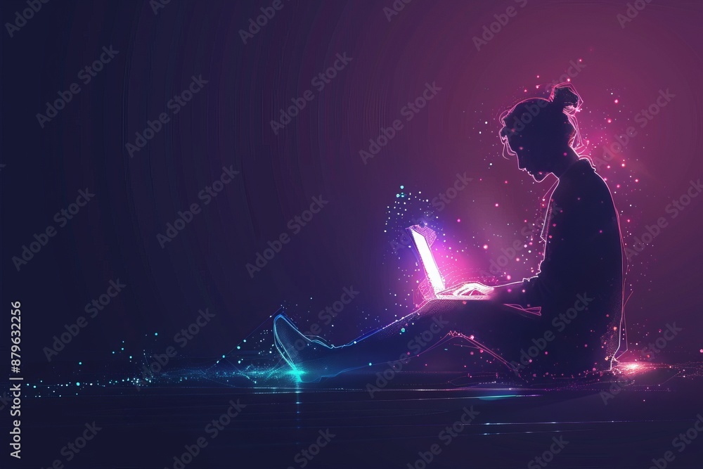 Poster man using laptop and digital tablet with internet connections and computer code, internet of things 