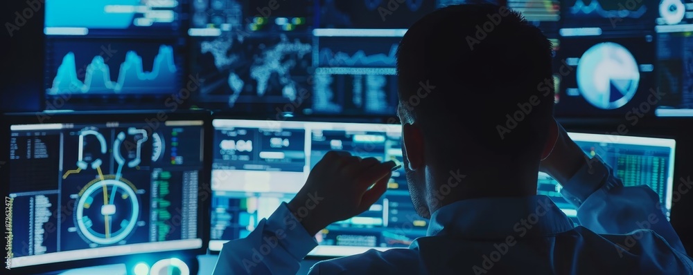 Poster analyst monitoring data on multiple screens in a dark room, focusing on graphs and charts. technolog