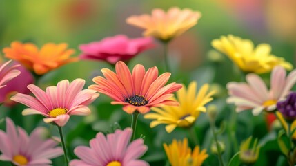 A bright composition of river chamomile flowers, known for their decorative beauty and variety of colors, on a soft background