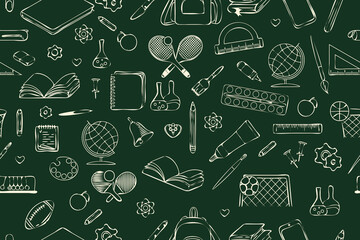 Seamless pattern with school drawings. Back to school hand drawn background. Concept of learning, knowledge, skills. Seamless background with icons of educational materials. Vector
