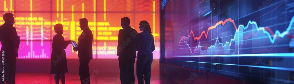 Poster business professionals discussing in front of a digital screen displaying stock market charts and fi