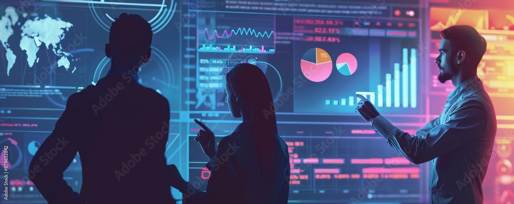 Poster business team analyzing data on digital screens with graphs, charts, and statistics in a modern cont