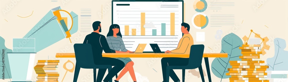 Poster business team discussing financial reports with graphs on a large screen in an office setting, highl