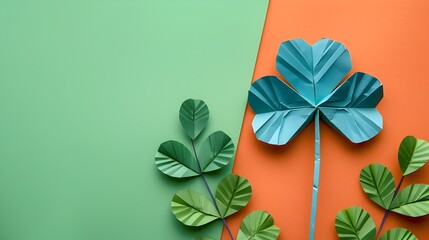 Obraz premium Origami Clover Leaf on Vibrant Minimalist Nature Background