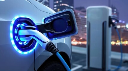 A digital glowing electric car charging port city skyline background illustrating EV concept with futuristic technology