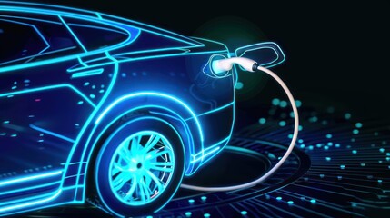 A digital illustration of an electric car charging with glowing blue lines illustrating the electric vehicle concept