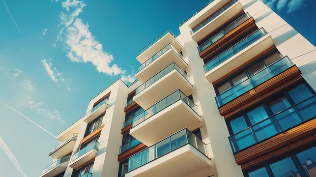 Modern Apartment Building With Balconies Against a Blue Sky