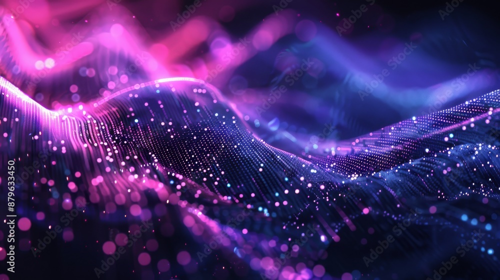 Poster the imitation of a wave in a dark background. the use of particles in the design of a network. a big