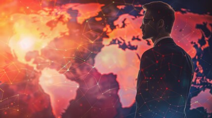 Silhouette of a man in a suit looking at a world map with colorful digital connections, symbolizing global business and technology.