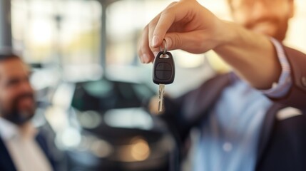 A car salesman handing over the keys to a new car to a happy customer