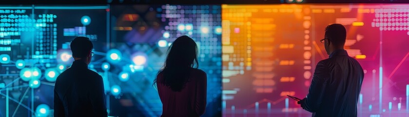 Obraz premium Silhouetted professionals analyzing digital data on futuristic screens in a vibrant, tech-focused environment.