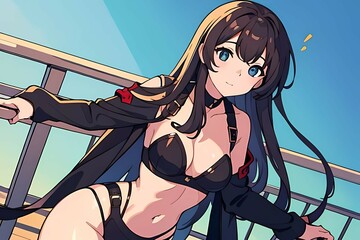 Anime Girl in Black Bikini on a Sunny Day