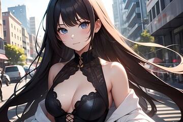 Anime Girl in Black Lace Outfit in City