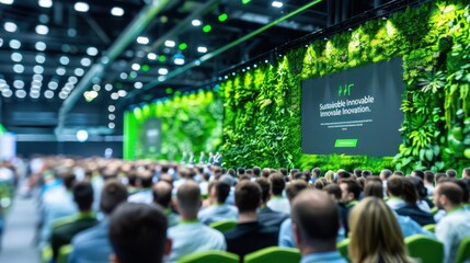 Sustainable Innovation Summit: A large conference hall decorated with eco-friendly elements like plants and recycled materials
