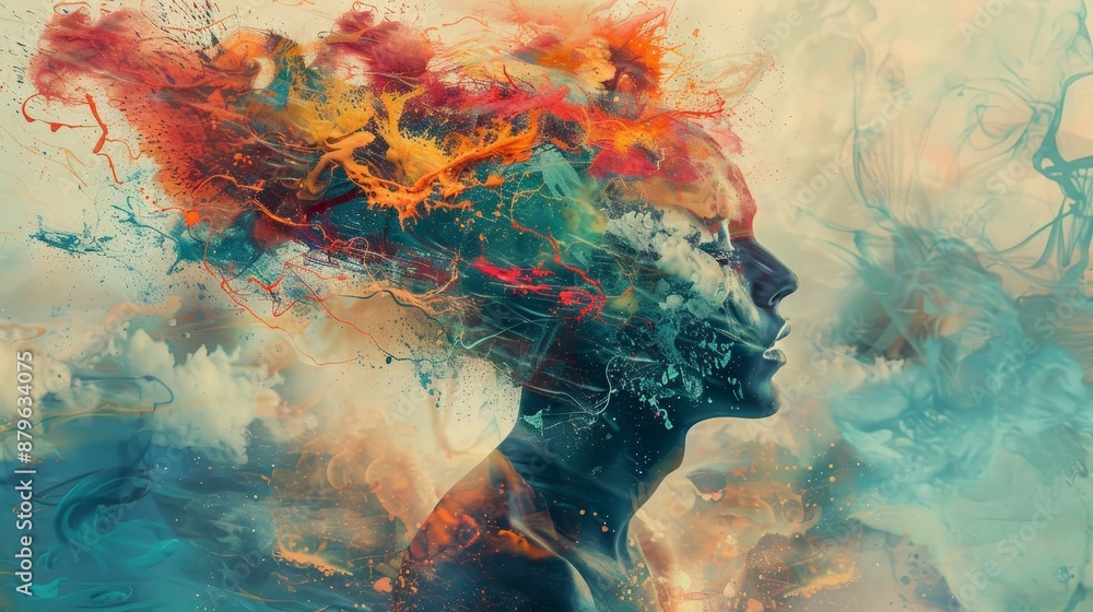 Poster surreal digital art of an abstract human profile with vibrant colors blending into the background, c