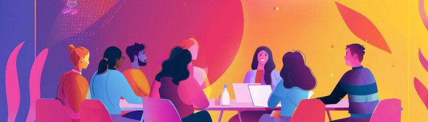 Vibrant illustration of a diverse team in a meeting, working collaboratively in a creative workspace with colorful, abstract background.
