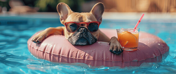 French Bulldog With Sunglasses Relaxing on Inflatable Pink Ring in Pool Holding Cocktail Glass of Orange Juice Real Photo