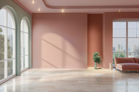 Interior design of empty modern apartment in pastel blush color. Interior mockup, 3d rendering