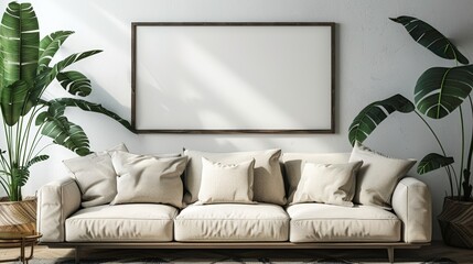 interior design of modern living room with beige fabric sofa and cushions. White wall with frame and space for text, living, furniture