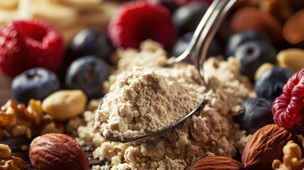 Fototapeta premium Close-up of spoon with protein powder surrounded by fresh berries, nuts, and dried fruits