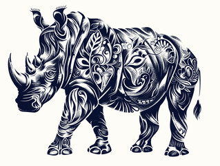Fototapeta premium A rhino with a flowery design on its body. The rhino is walking on a white background