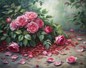 A lush rose bush in full bloom, with delicate petals scattered around