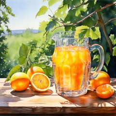 Pitcher filled with orange juice, set on a rustic wooden table amidst lush greenery.