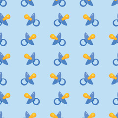 Pattern with baby pacifier in blue color. Vector seamless pattern for packages, backgrounds, postcards, banners in honor of the birth of a baby. 