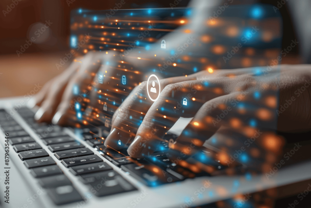 Poster secure login and cybersecurity for business data protection, businessman using laptop for data priva
