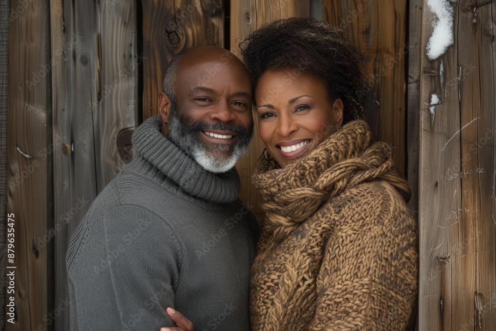 Canvas Prints Portrait of a jovial afro-american couple in their 40s dressed in a warm wool sweater isolated on rustic wooden wall