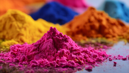Bright pigment powders scattered on a surface. Multicolored powder paints mix. Close-up.