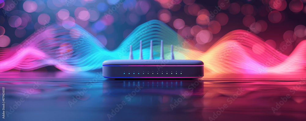 Poster futuristic high speed home network router with antennas and led lights for secure wireless communica