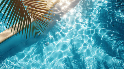 Top view of blue swimming pool water with palm leaf shadow and sunlight, abstract tropical summer vacation background