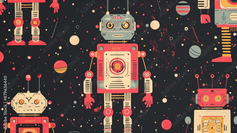 Poster modern graphic design uses robot-themed patterns with sleek, futuristic motifs and intricate circuit
