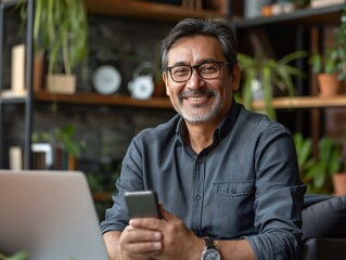 Smiling Man Working from Home Office with Laptop and Smartphone