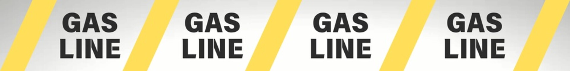 Detectable gas line warning safety tape. Buried gas line stripe with text and yellow diagonal lines on silver background. Horizontal long caution tape. 