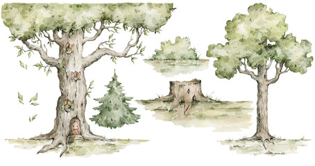 Watercolor set with oak trees, fir-trees. Forest elements for landscape © Kate K.