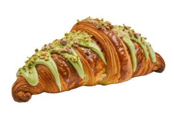 Appetizing croissant with pistachio cream and nuts, on a transparent background.