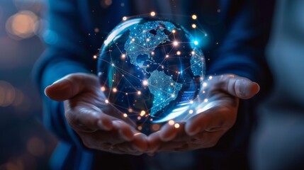 Network and Connectivity Symbol: Person's Hands with Global Digital Nodes