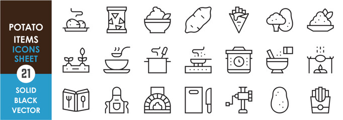 A set of line icons related to potato items. Potato recipe, baked, fried, French, cooking, chef, pot, soup, vegetable, chopping, and so on. Vector outline icons set.