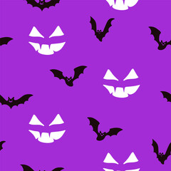 Flying bats and monster face seamless pattern. Halloween print. Great for textile, fabric, wallpaper, wrapping, scrapbook and packaging