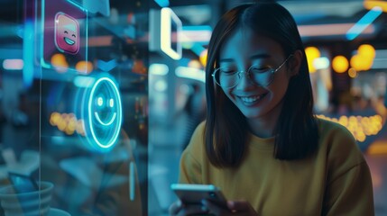 Naklejka premium woman touching smartphone screen using smiley face emoticon with IoT internet of things and modern digital networking concept. people watching live video