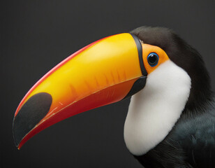 Fototapeta premium A vibrant toucan with a colorful beak against a grey backdrop