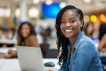 Smiling Woman Working on Laptop in Modern Office