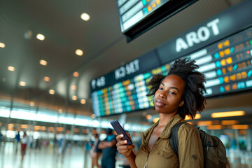 Young Woman at Airport Holding Smartphone