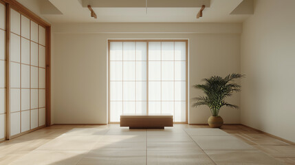 Obraz premium Japanese living room with a tansu chest, tatami mats, and minimalist decor, traditional Japanese, clean and simple