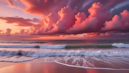Fototapeta premium Brilliant red and pink sunset illuminating fluffy clouds above a tranquil coastal beach, with gentle waves lapping at the shore
