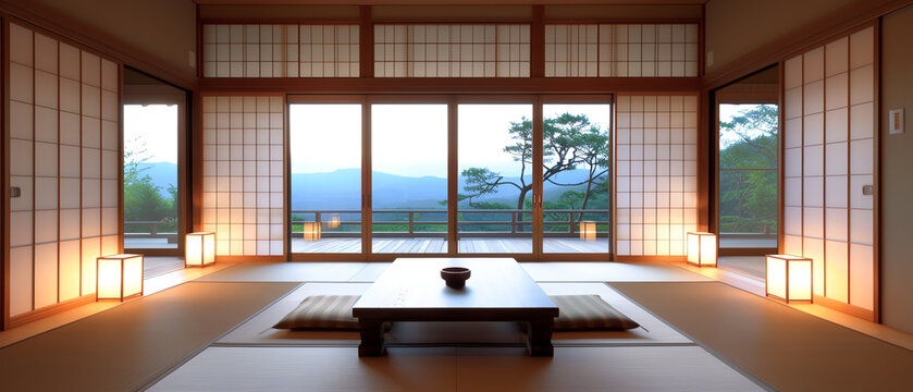 Japanese living space with a kotatsu table, tatami mats, and paper lanterns, traditional Japanese, warm ambiance