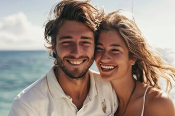 Portrait of a smiling couple in their 20s wearing a sporty polo shirt isolated on tranquil ocean backdrop