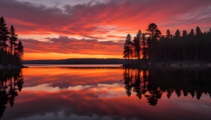 Obraz premium Vibrant red and orange sunset over a serene lake, with silhouettes of tall pine trees lining the shore